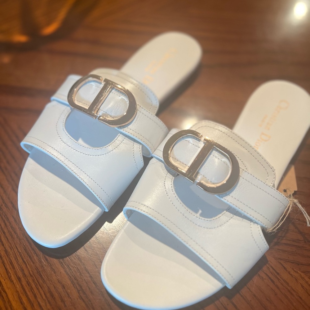 White Leather Slide Sandals
